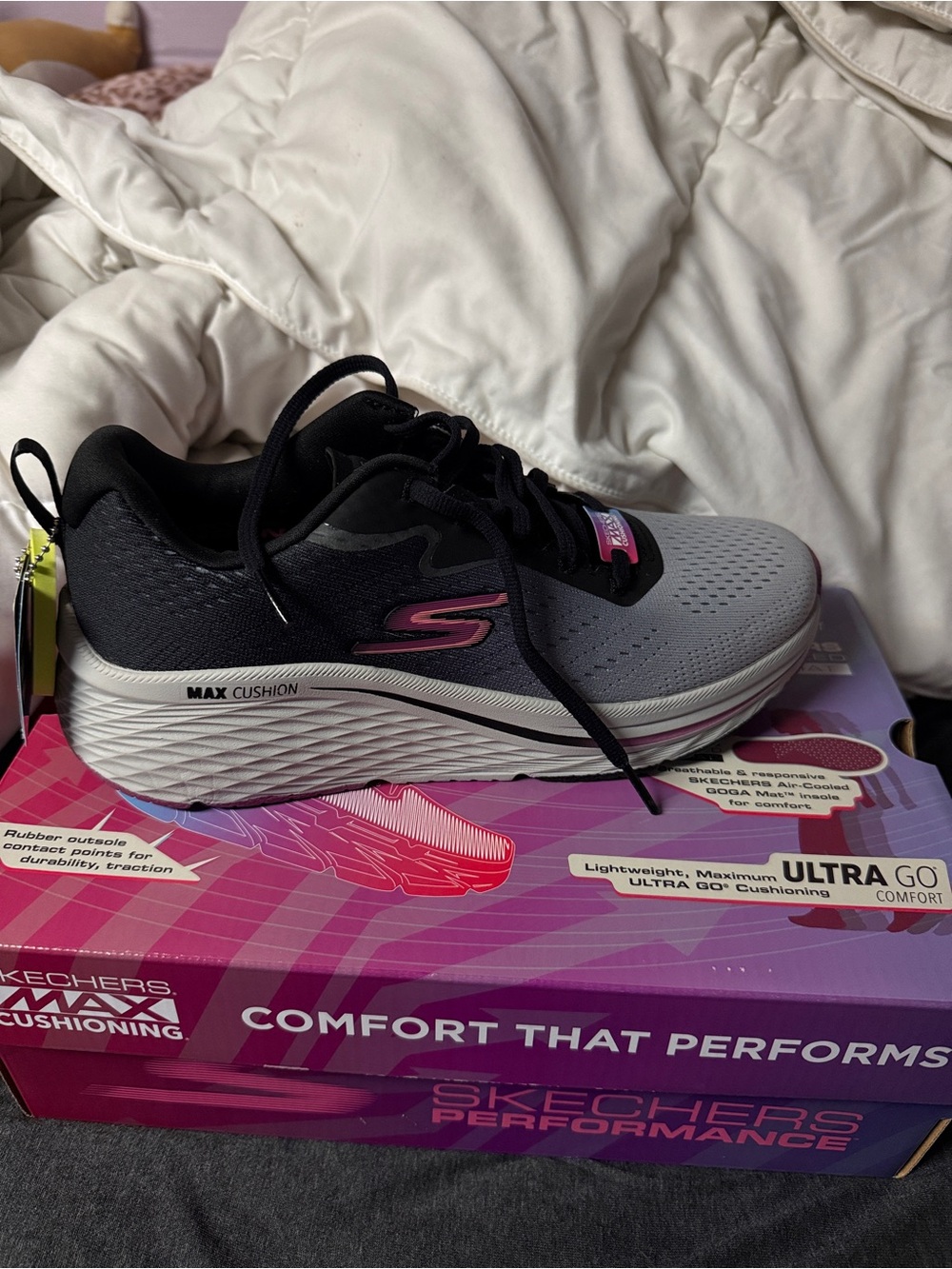 Skechers Women’s Gray, Black and Pink Max Cushion Walking Shoe